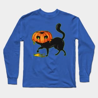 Black Cat With A Pumpkin Costume Hat For Halloween Long Sleeve T-Shirt